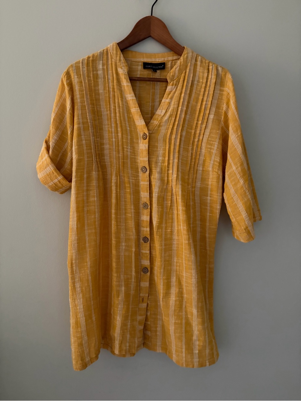 Cotton Tunic Top Button-Front Swim Cover-Up Mustard Yellow Vacation Wear Medium